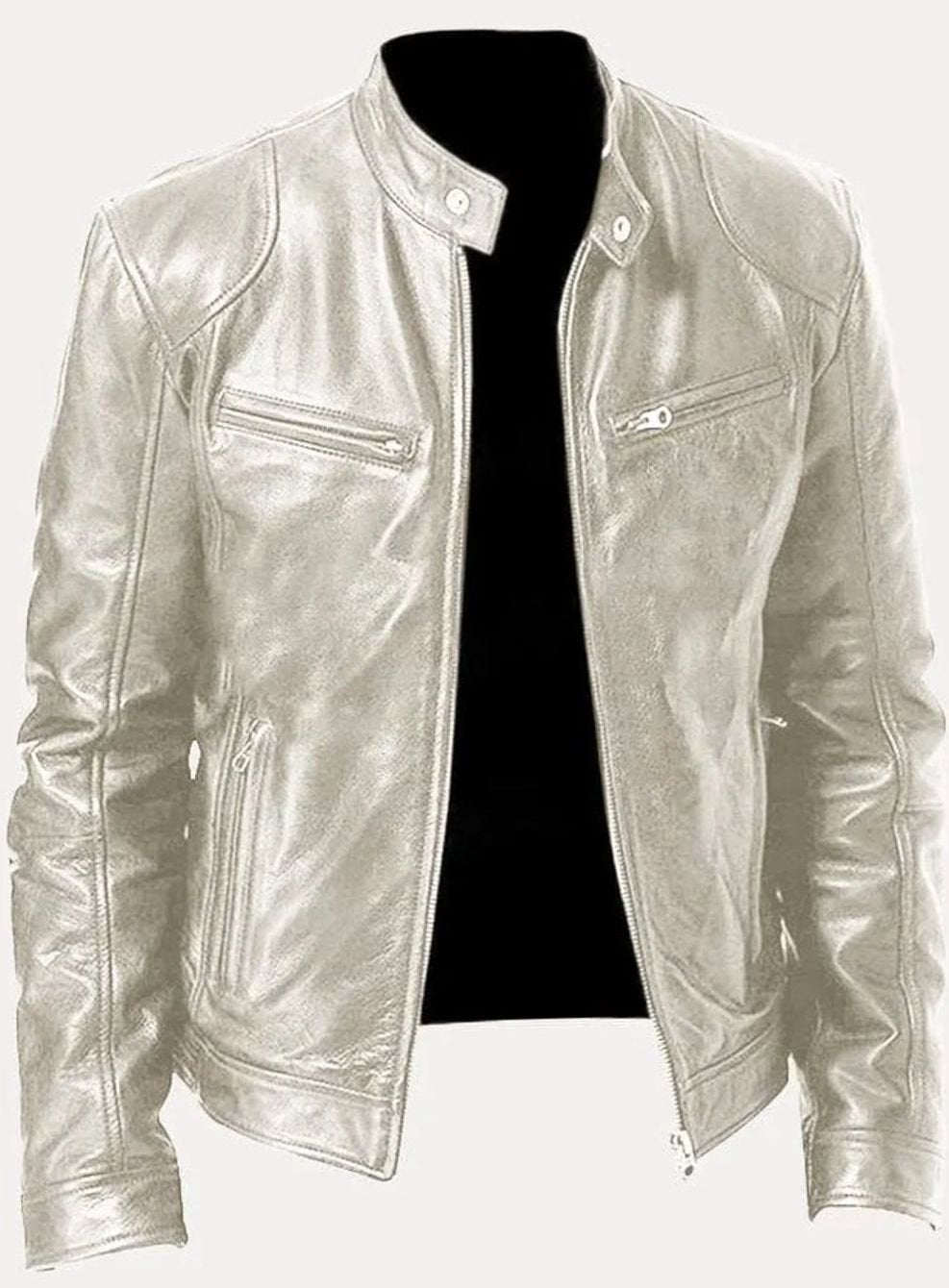 Men's Full-Zip Stand Collar Biker Jacket – Silver