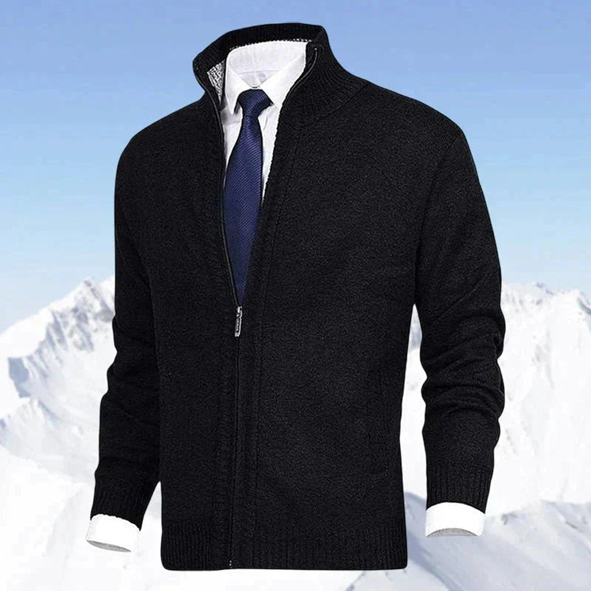 Men's Fleece-Backed Full-Zip Stand Collar Knit Cardigan – Black