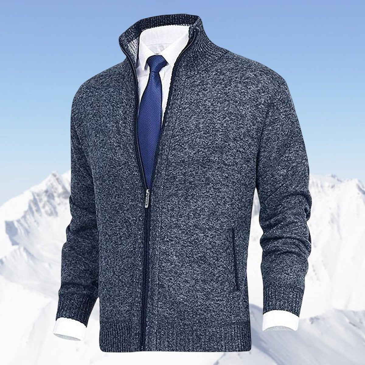 Men's Fleece-Backed Full-Zip Stand Collar Knit Cardigan – Blue