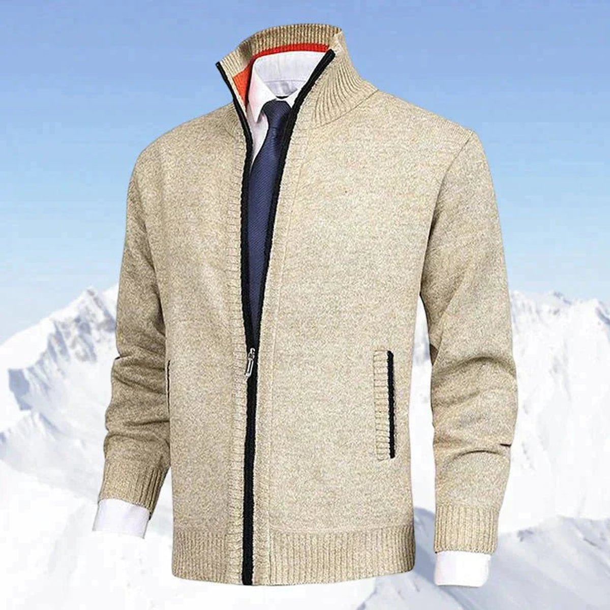 Men's Fleece-Backed Full-Zip Stand Collar Knit Cardigan – Beige