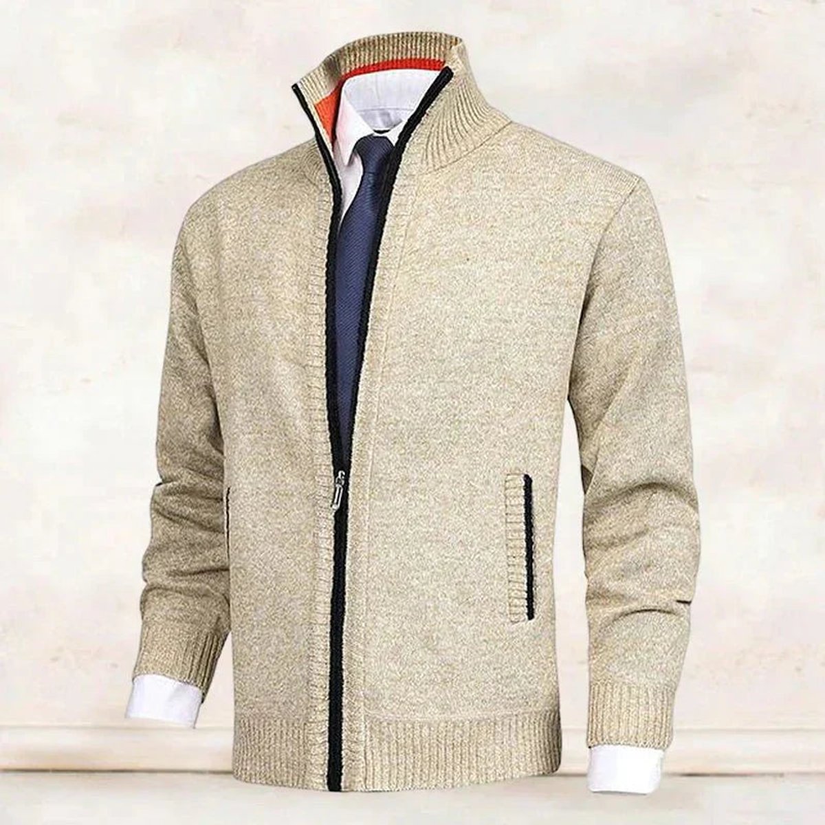 Men's Fleece-Backed Full-Zip Stand Collar Knit Cardigan – view 3