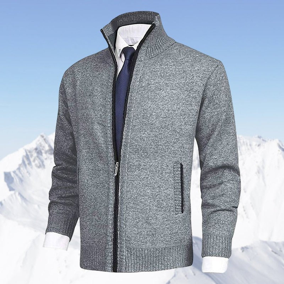 Men's Fleece-Backed Full-Zip Stand Collar Knit Cardigan – Light Gray
