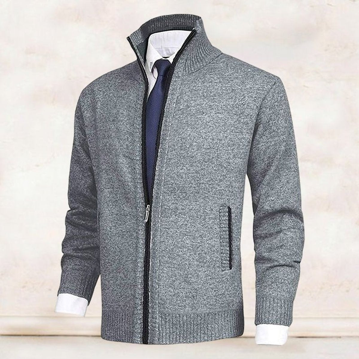 Men's Fleece-Backed Full-Zip Stand Collar Knit Cardigan – view 6
