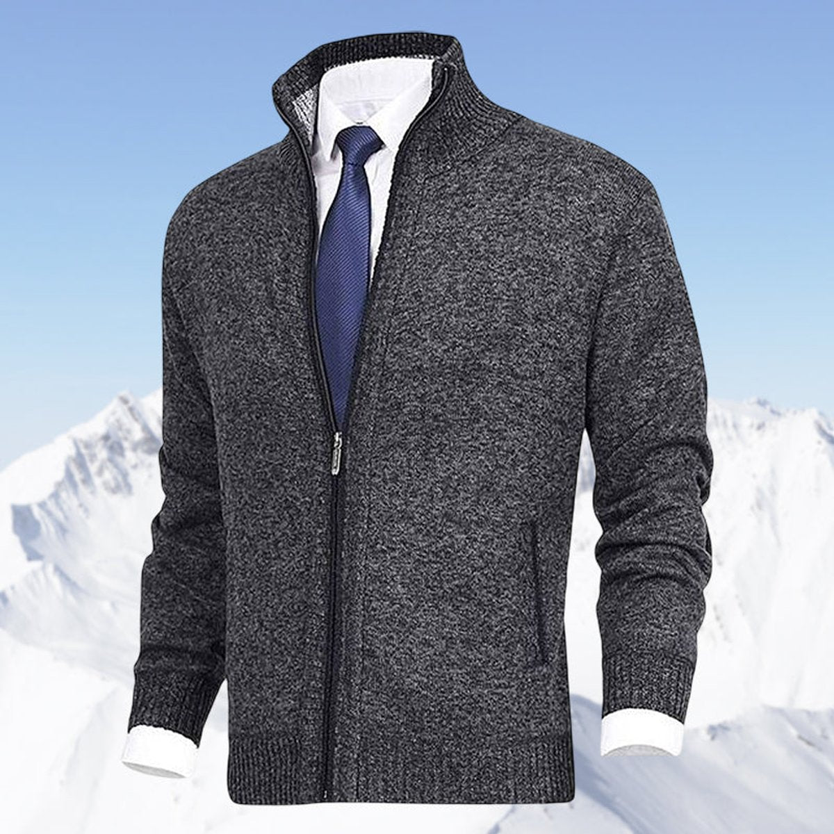 Men's Fleece-Backed Full-Zip Stand Collar Knit Cardigan – Dark Gray