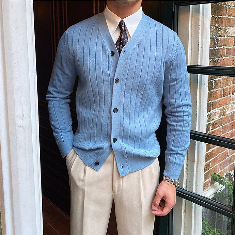 Men's Rib-Knit V-Neckline Button-Front Knit Cardigan – Blue
