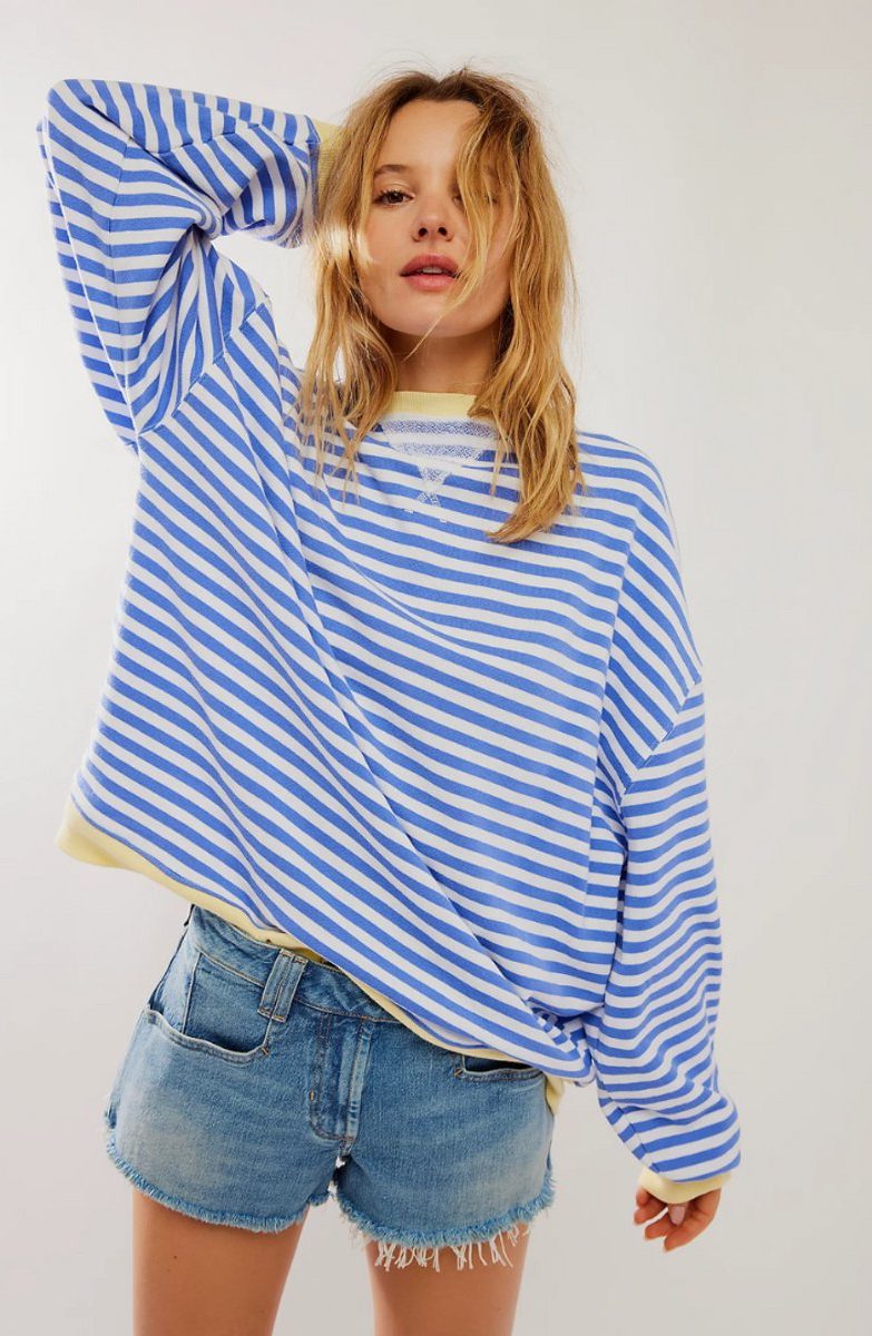 Women's Stripe-Detail Loose-Fit Knit Pullover – Sky Blue