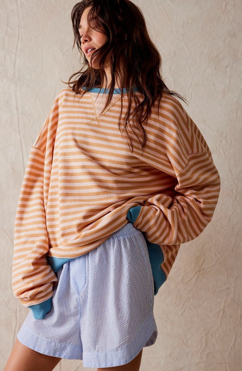 Women's Stripe-Detail Loose-Fit Knit Pullover – Orange Stripes