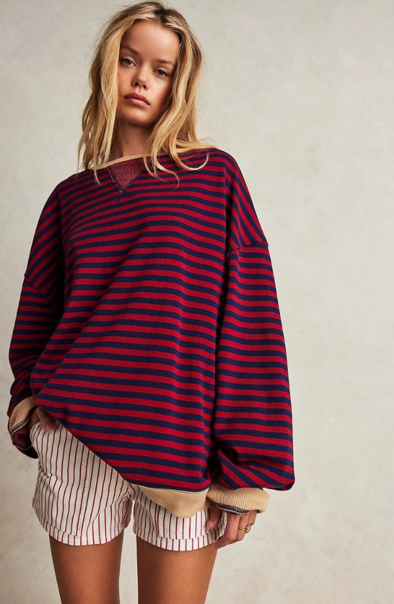 Women's Stripe-Detail Loose-Fit Knit Pullover – Black & Red