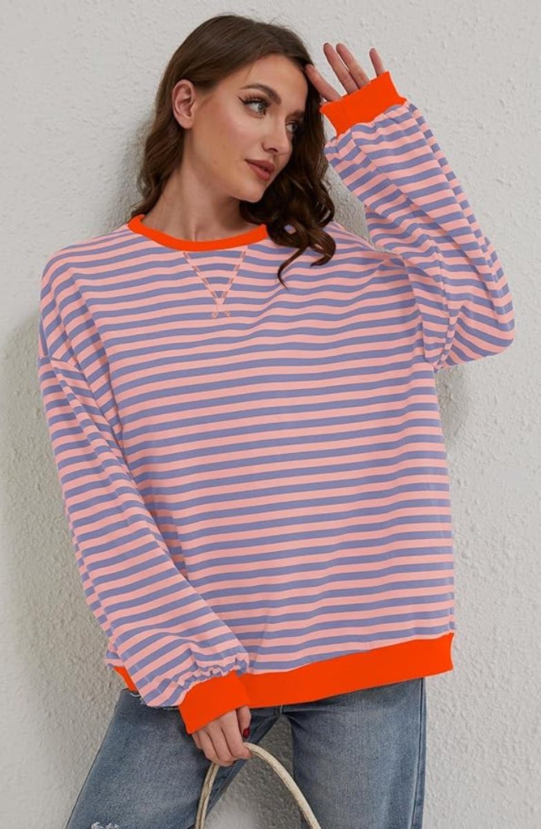 Women's Stripe-Detail Loose-Fit Knit Pullover – Orange & Blue