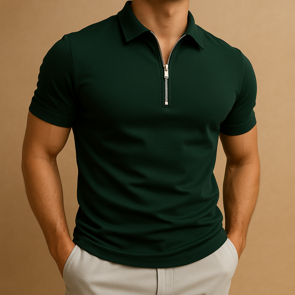 Men's Narrow-Cut Fit Zip Polo Shirt – Green
