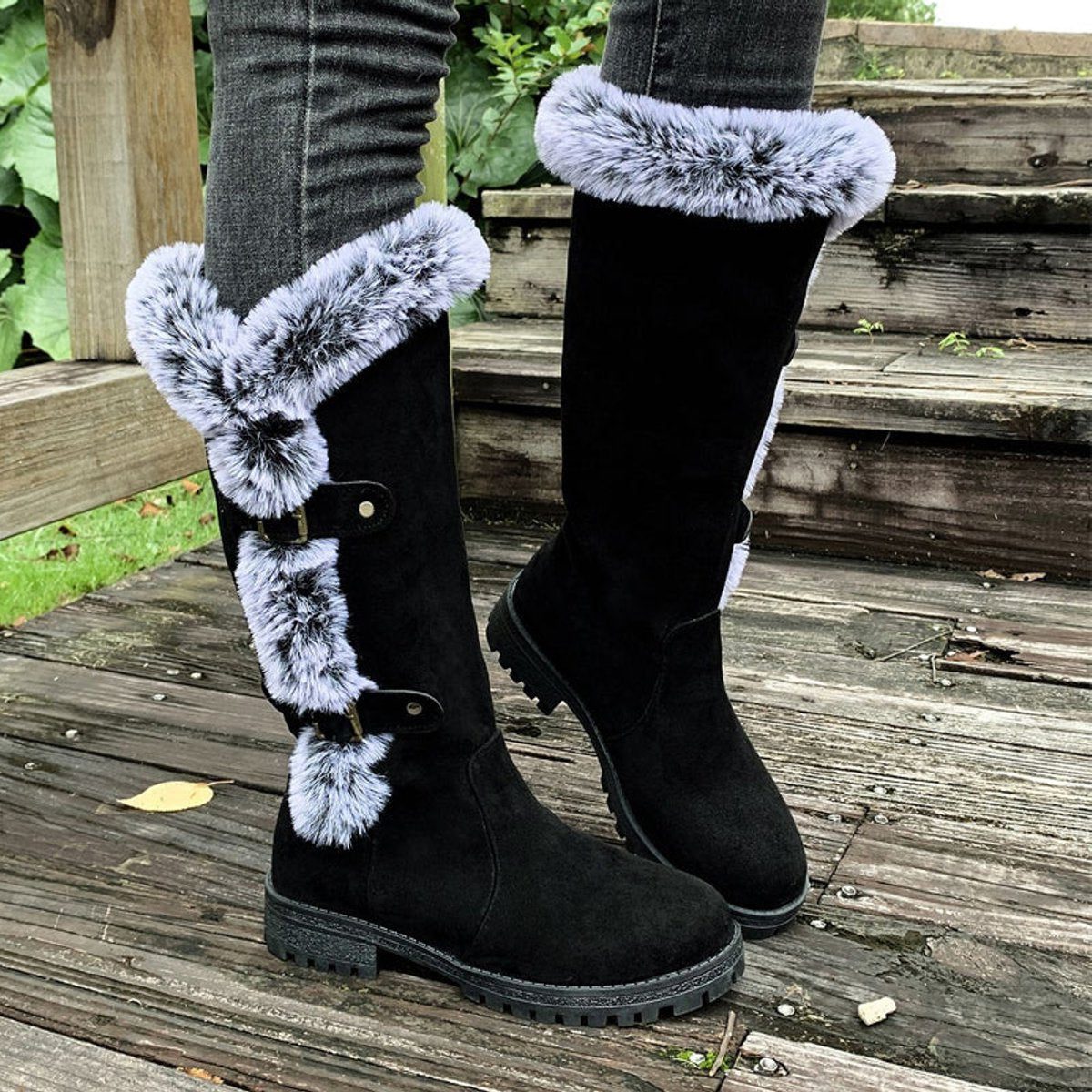 Women's Faux Suede-Finish Knee High Boots – Black