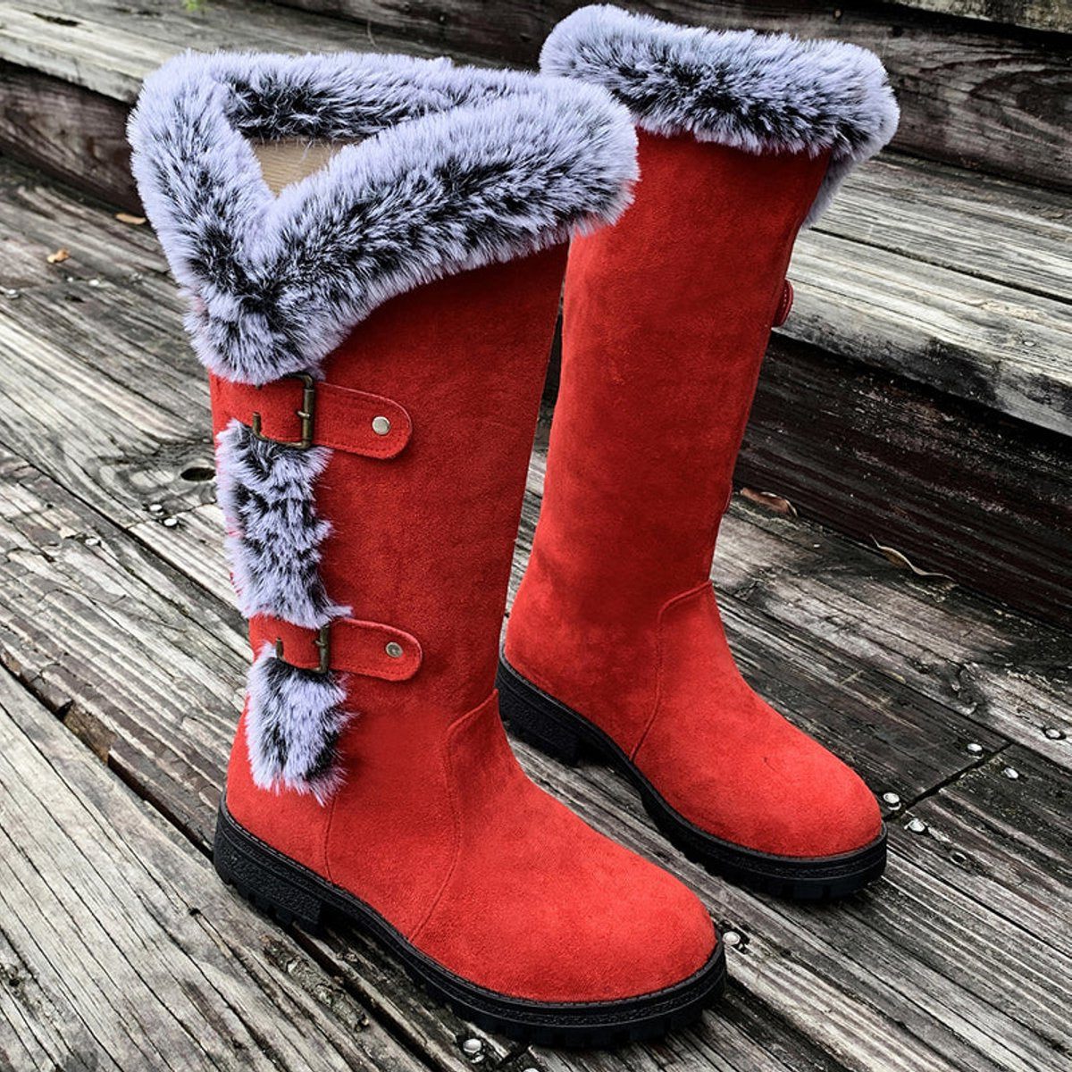 Women's Faux Suede-Finish Knee High Boots – Red