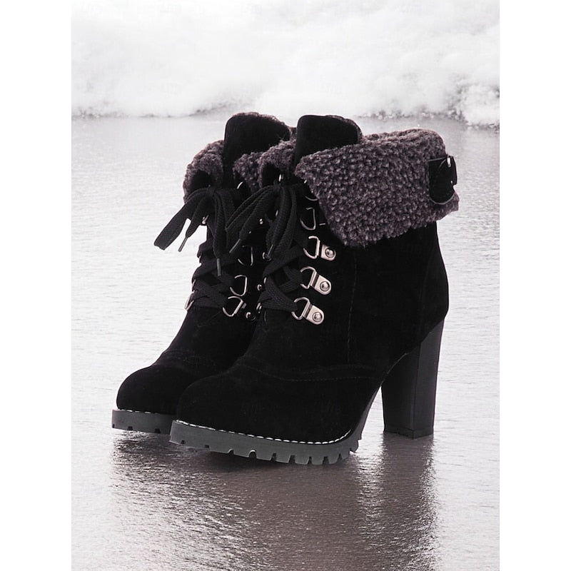Women's Plush-Lined Laced Cold-Weather Boots with Chunky Heel – Black
