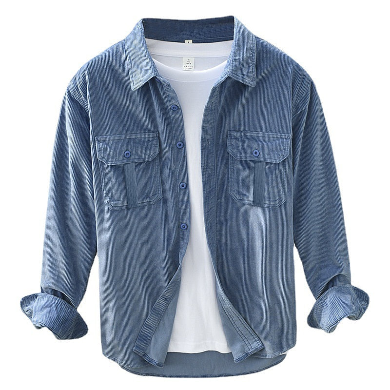 Men's Textured Two-Pocket Button-Up Overshirt for Layering – Blue