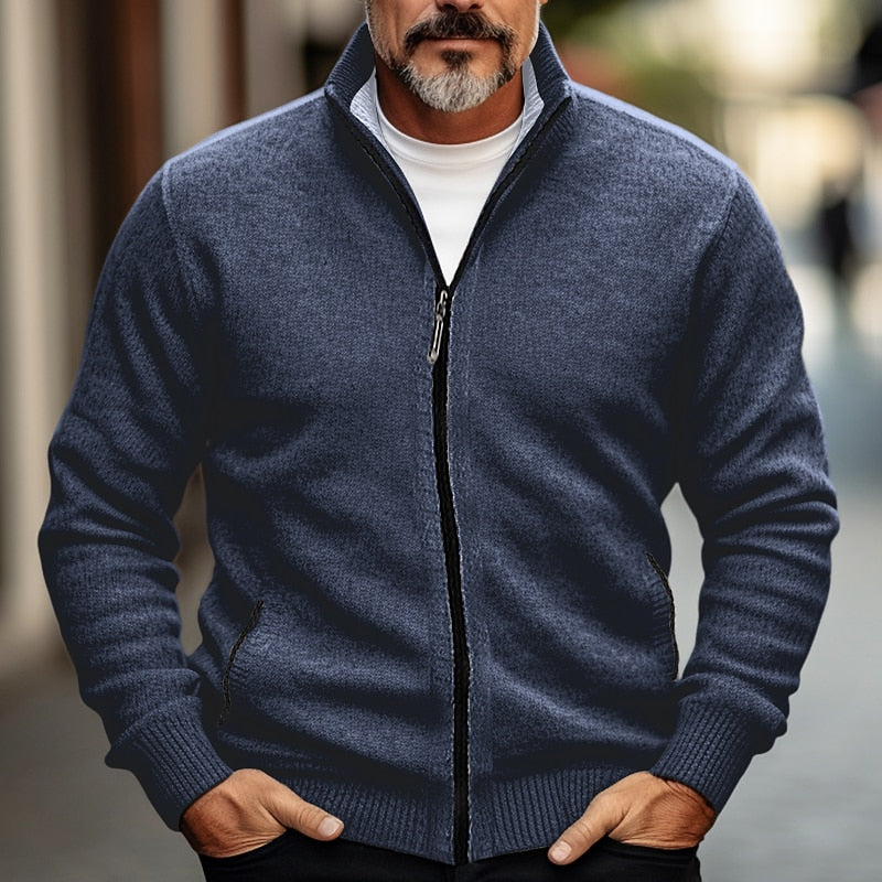 Men's Stand-Collar Zip-Front Knit Cardigan – Blue