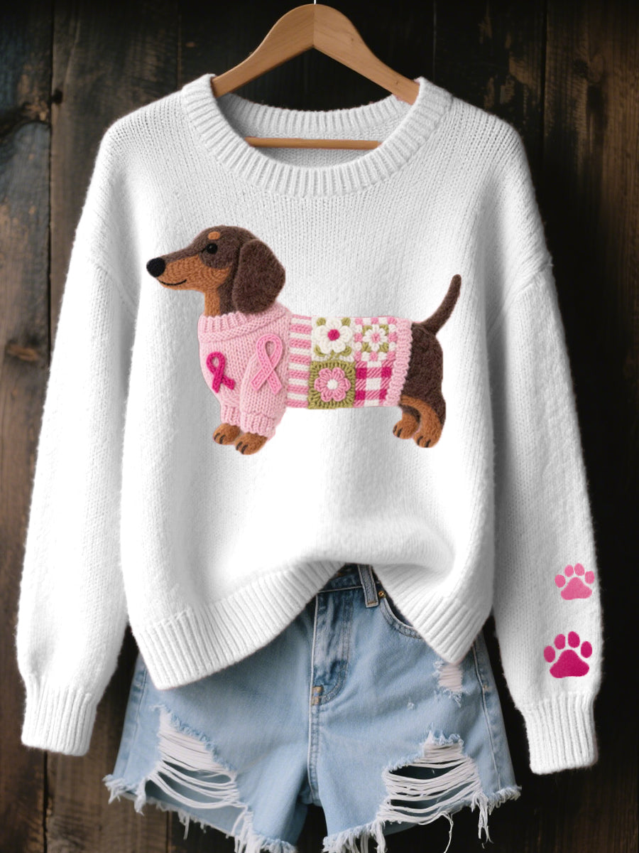 Women's Dachshund Graphic Knit Pullover – White
