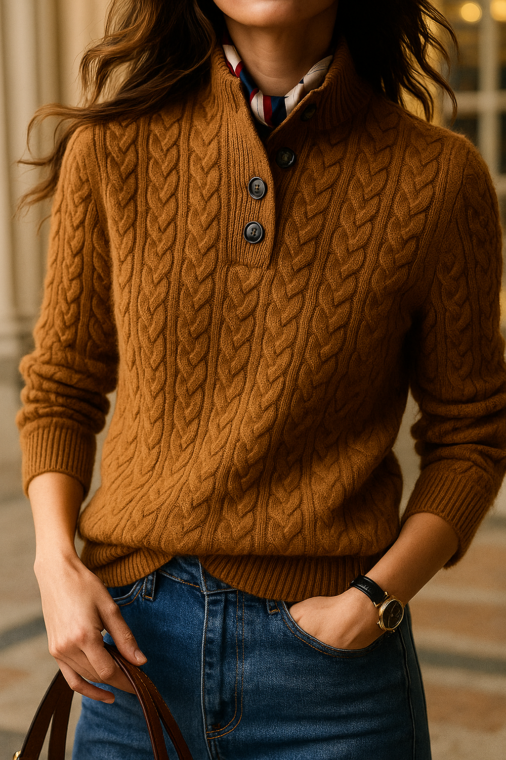 Women's Button-Up Cable-Knit Pullover – Brown