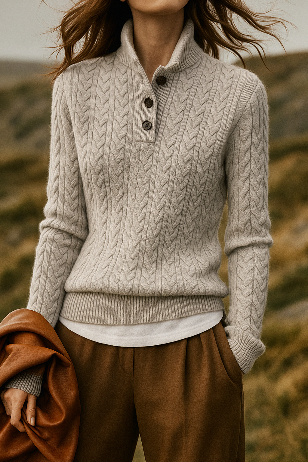 Women's Button-Up Cable-Knit Pullover – Gray