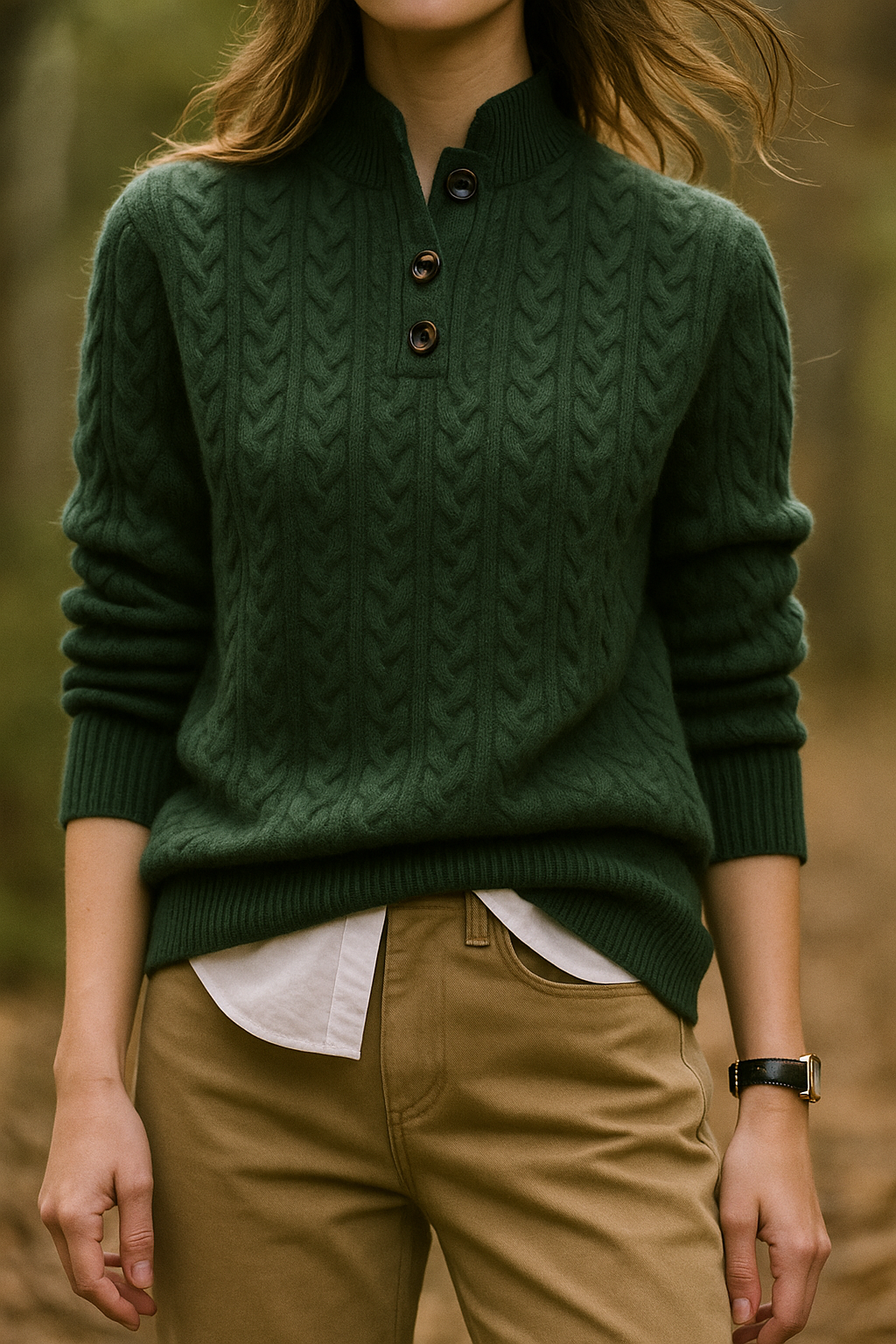 Women's Button-Up Cable-Knit Pullover – Olive