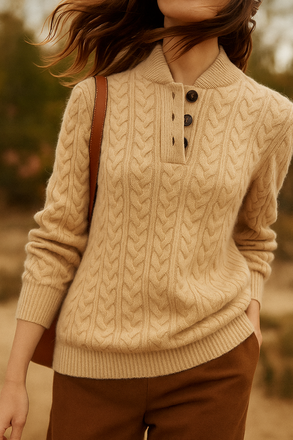 Women's Button-Up Cable-Knit Pullover – Khaki