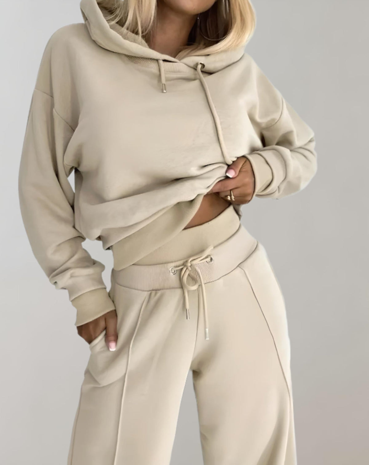 Women's Cotton Blend Hoodie Trouser Set for Layering – Beige