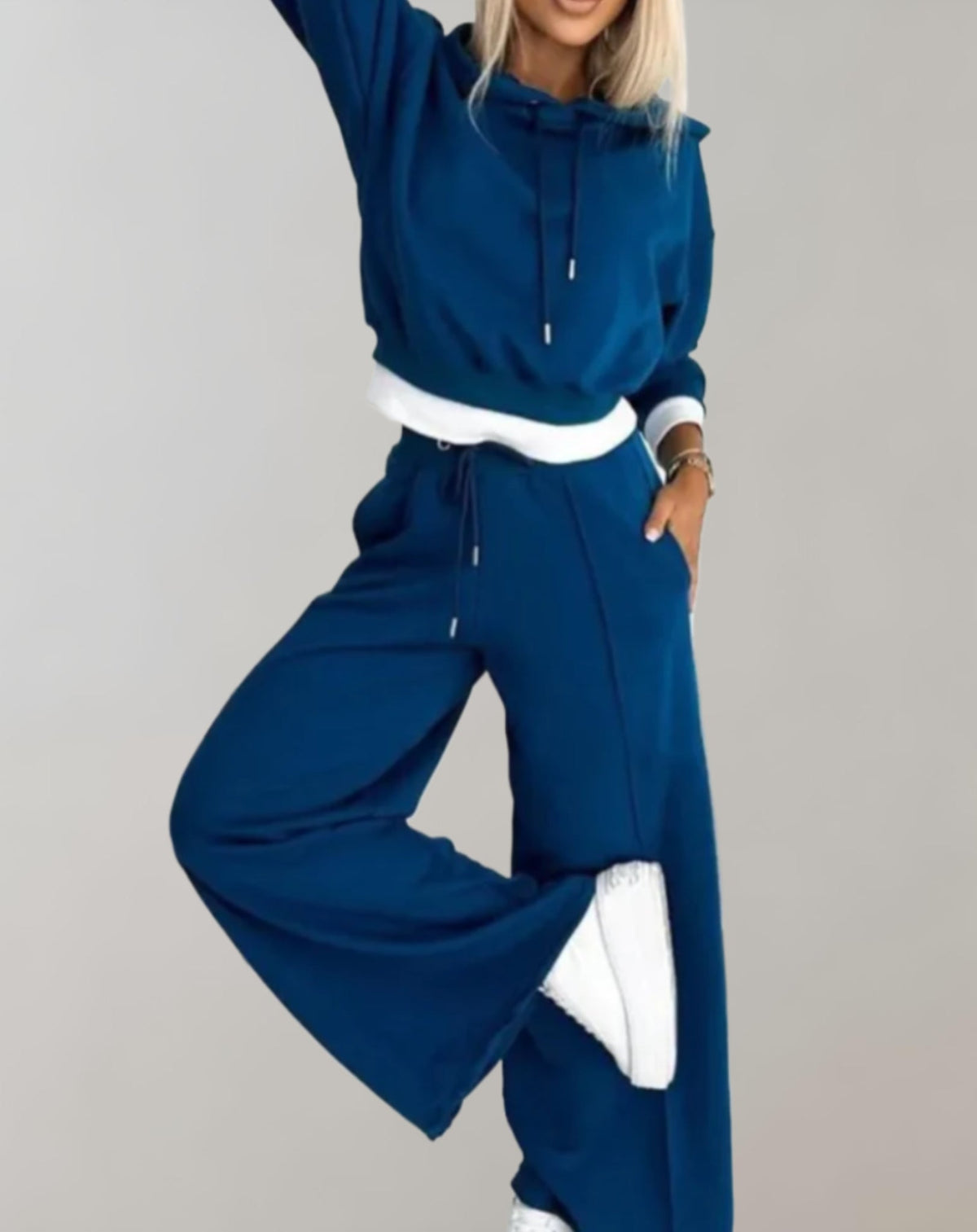 Women's Cotton Blend Hoodie Trouser Set for Layering – Blue