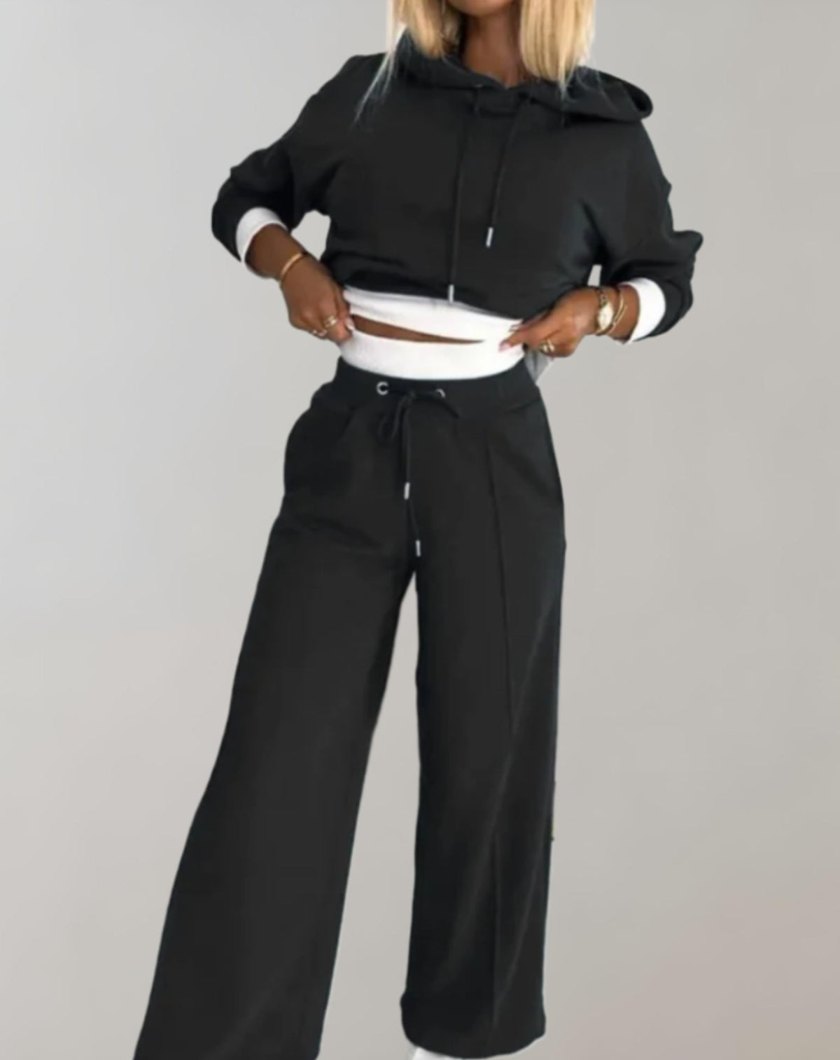 Women's Cotton Blend Hoodie Trouser Set for Layering – Black