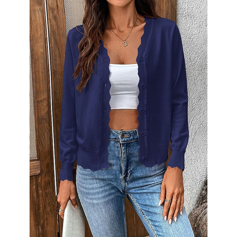 Women's Scalloped-Edge V-Neckline Button-Front Knit Cardigan for Weekends – Navy Blue