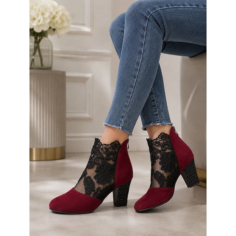 Women's Flower-Print Lace-Detail Block-Heel Booties – view 1