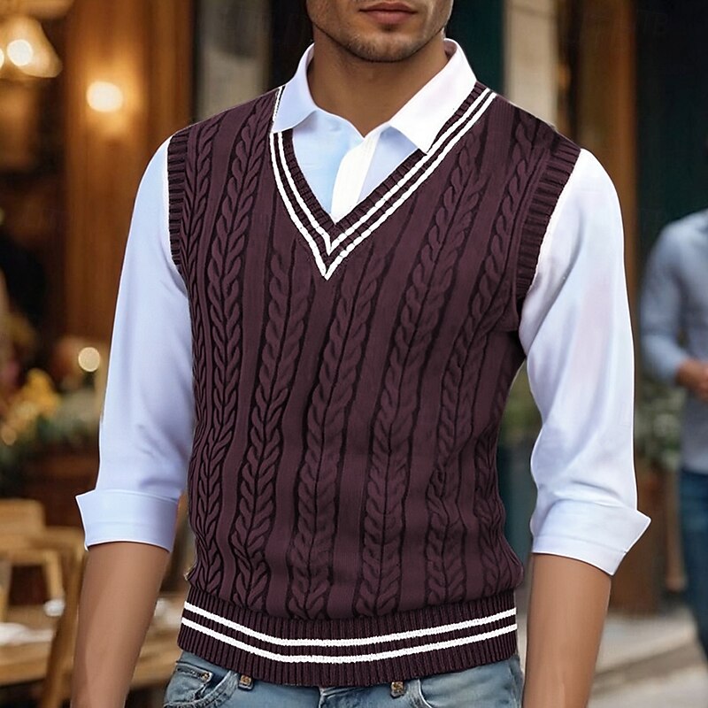 Men's Stripe-Detail Cable-Stitch V-Neckline Vest – view 10