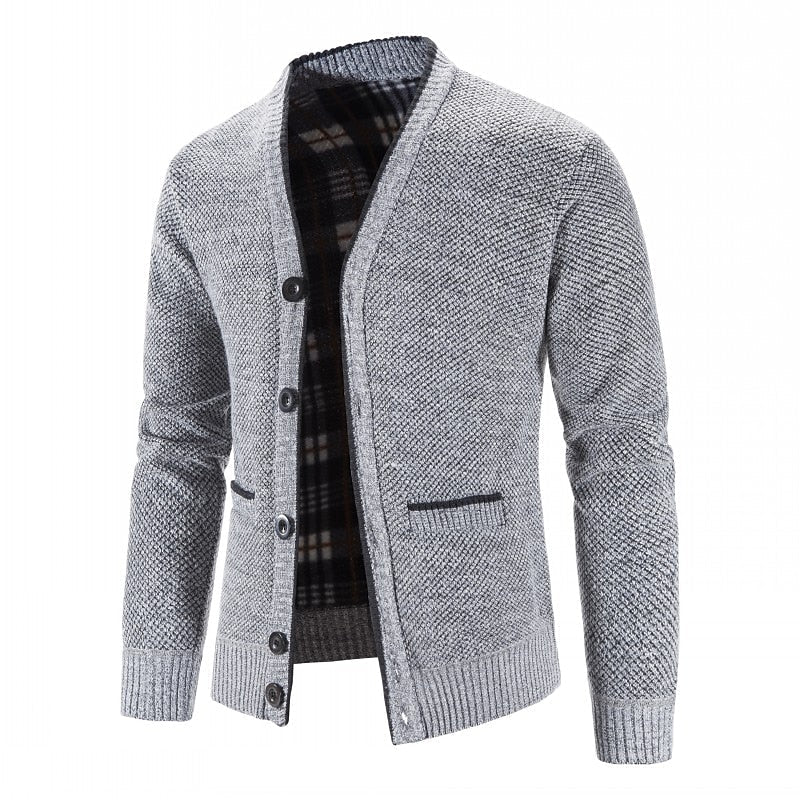Men's Lined V-Neckline Button-Front Knit Cardigan – Light Gray