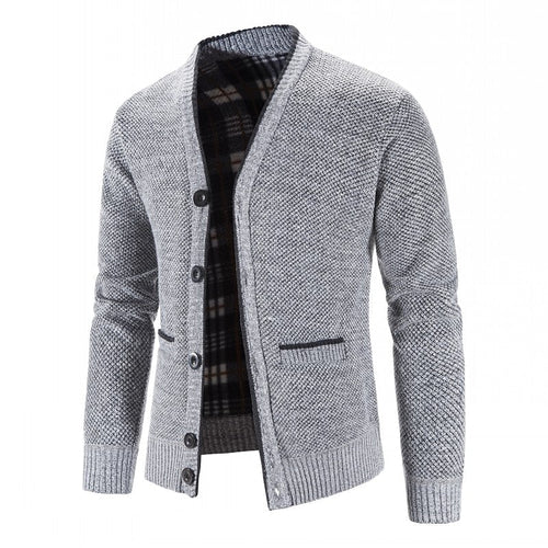 Men's Lined V-Neckline Button-Front Knit Cardigan – Light Gray