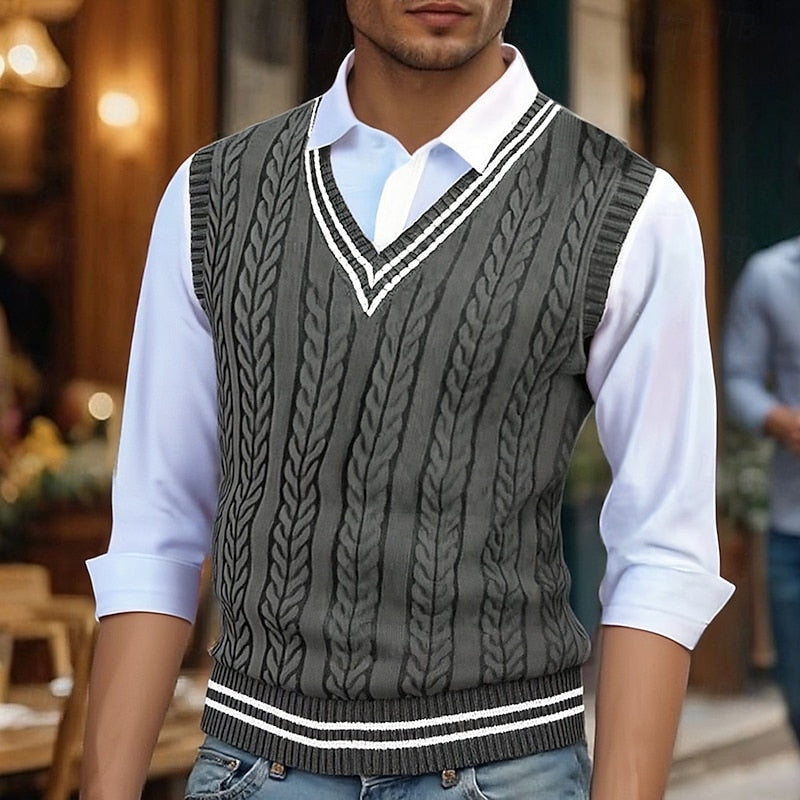 Men's Stripe-Detail Cable-Stitch V-Neckline Vest – Dark Gray