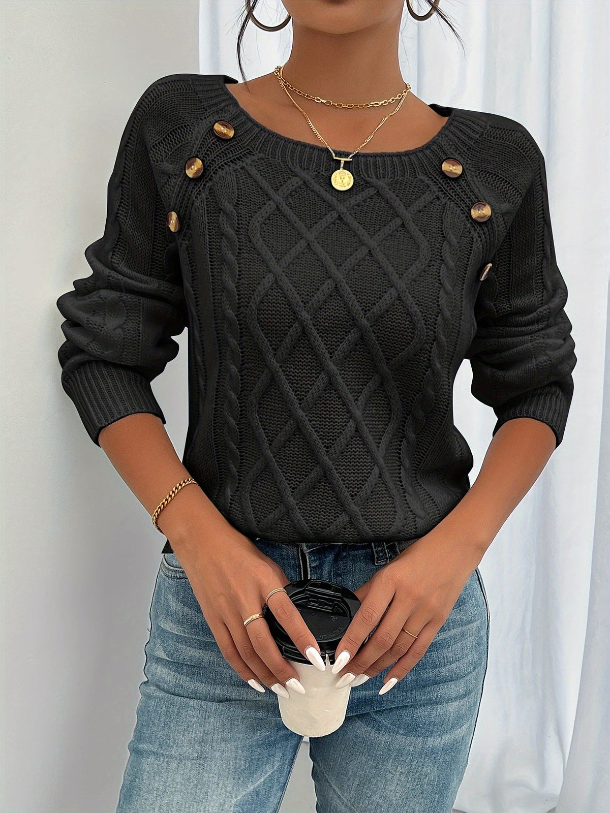 Women's Cable-Stitch Pullover with Shoulder Buttons – Black