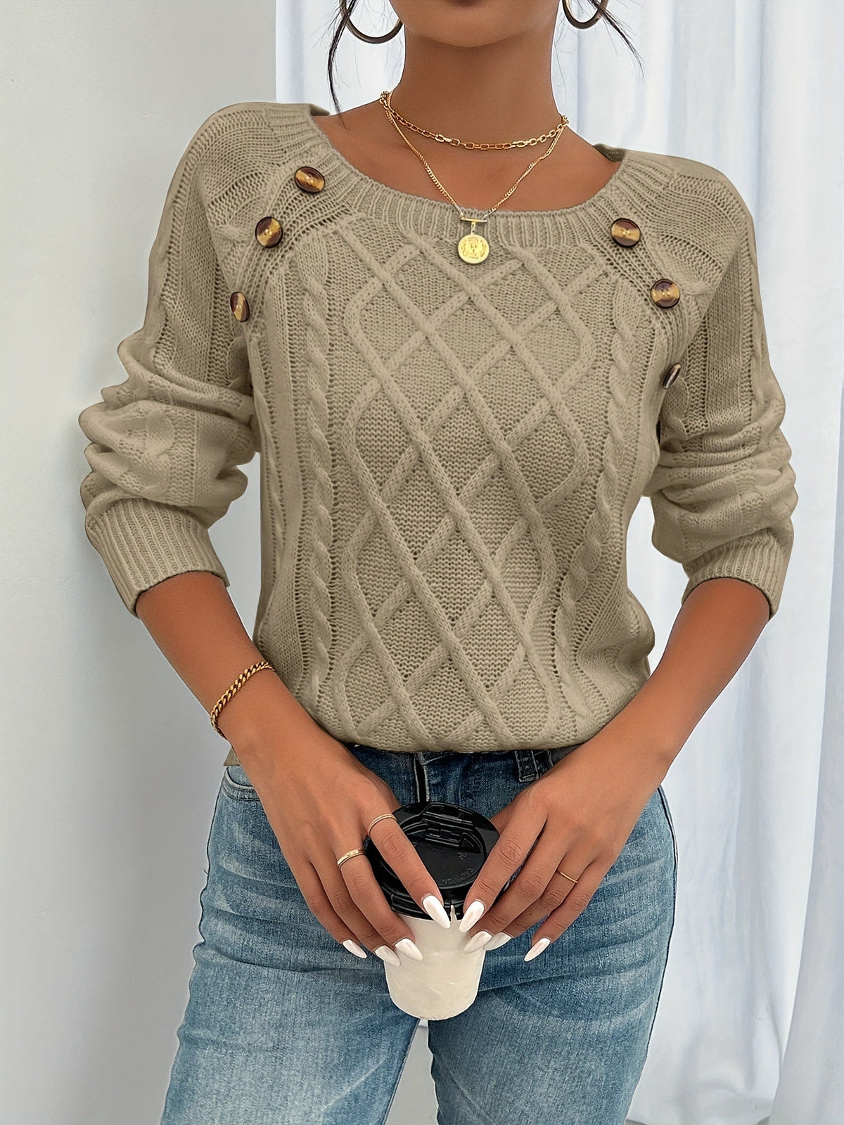 Women's Cable-Stitch Pullover with Shoulder Buttons – view 3