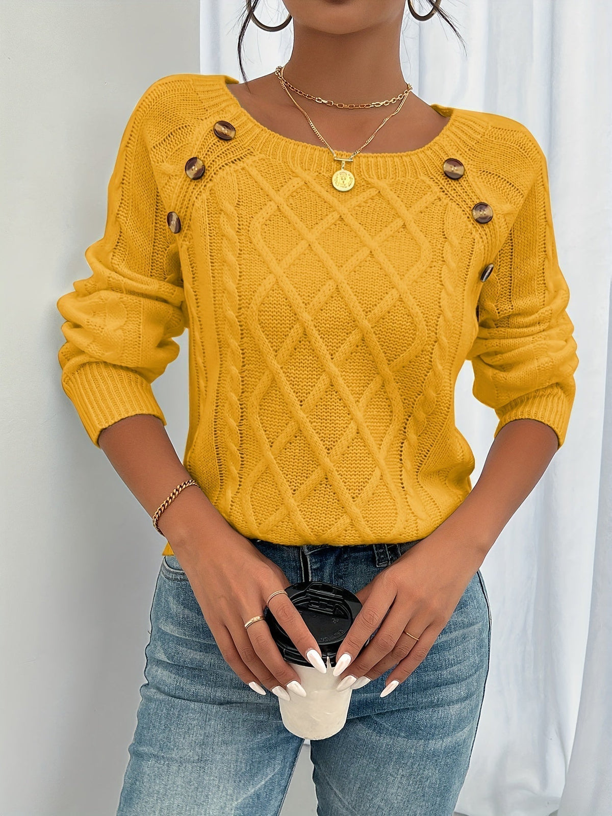 Women's Cable-Stitch Pullover with Shoulder Buttons – Yellow