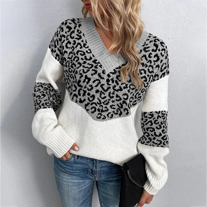 Women's Leopard Print V-Neckline Knit Pullover – Gray