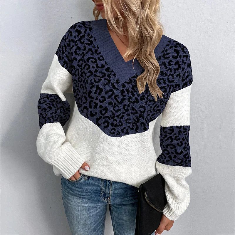 Women's Leopard Print V-Neckline Knit Pullover – Dark Blue