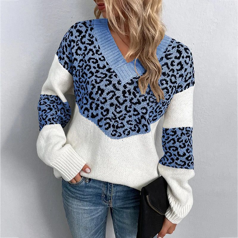 Women's Leopard Print V-Neckline Knit Pullover – Light Blue
