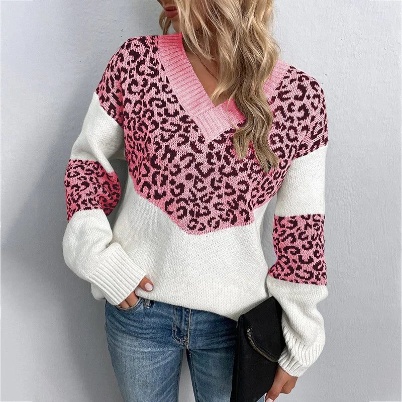 Women's Leopard Print V-Neckline Knit Pullover – Pink