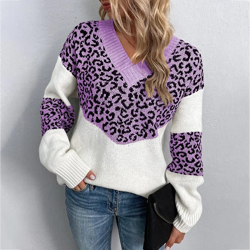 Women's Leopard Print V-Neckline Knit Pullover – Purple