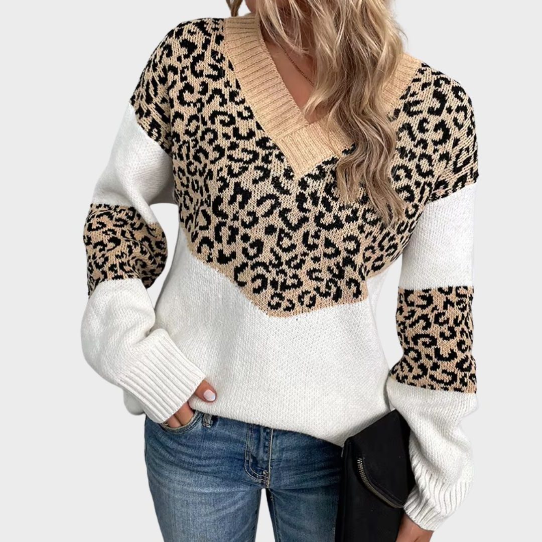 Women's Leopard Print V-Neckline Knit Pullover – Beige