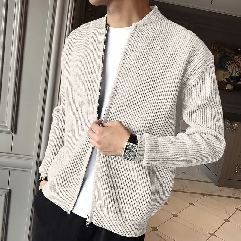 Men's Standing Collar Zip Knit Cardigan for Layering – Beige