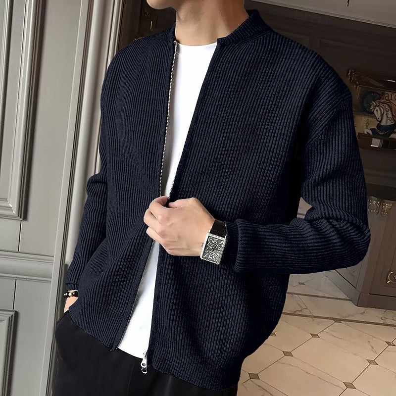 Men's Standing Collar Zip Knit Cardigan for Layering – Black