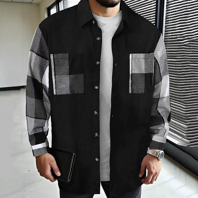 Men's Patchwork Contrast-Panel Shirt Jacket for Weekends – Black