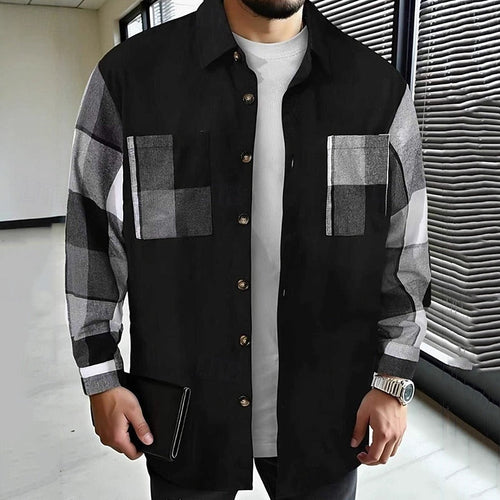 Men's Patchwork Contrast-Panel Shirt Jacket for Weekends – Black