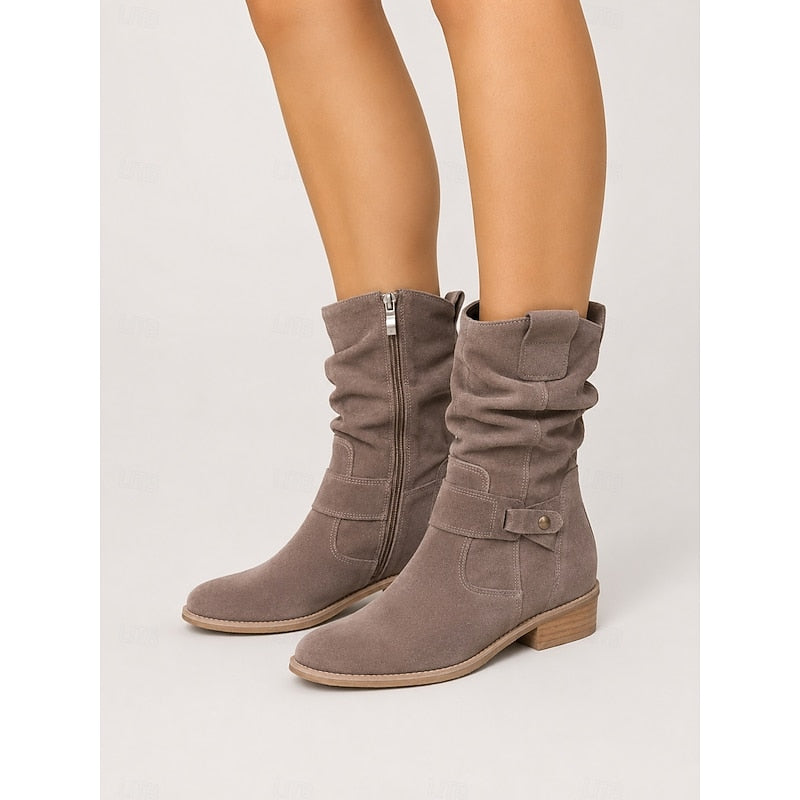 Women's Slouchy Block-Heel Booties with Side Zip – Light Gray