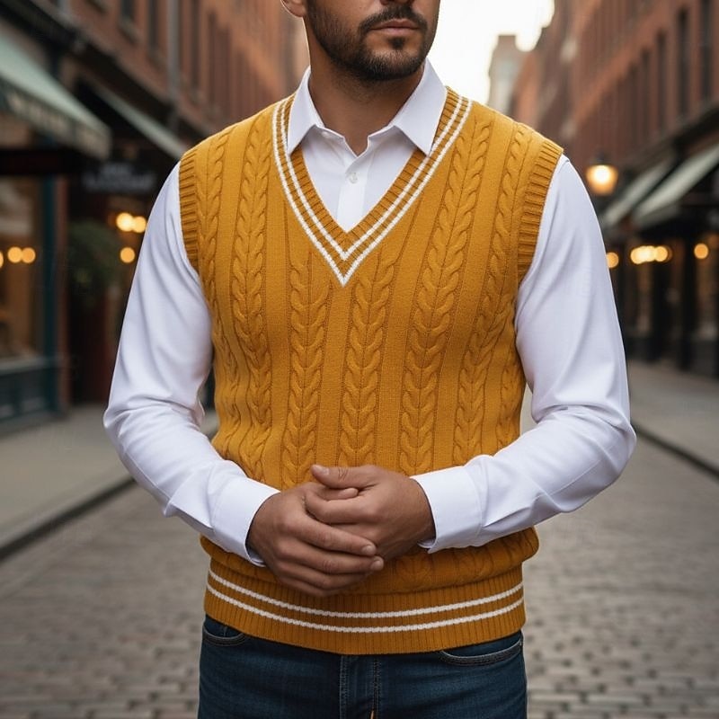 Men's Stripe-Detail Cable-Stitch V-Neckline Vest – view 1