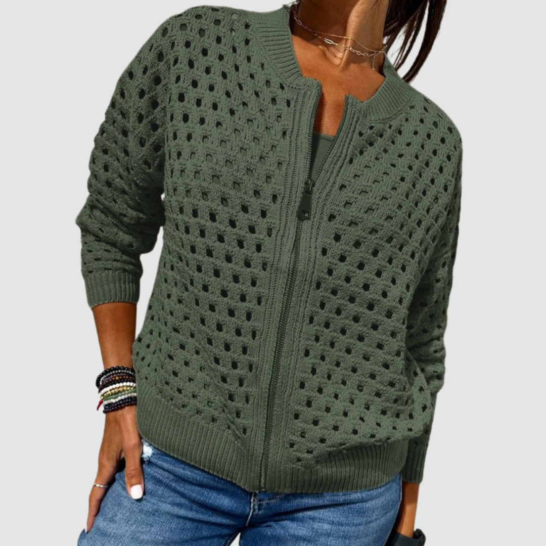 Women's Open Knit Full-Zip Knit Cardigan with Ribbed Trim – view 3
