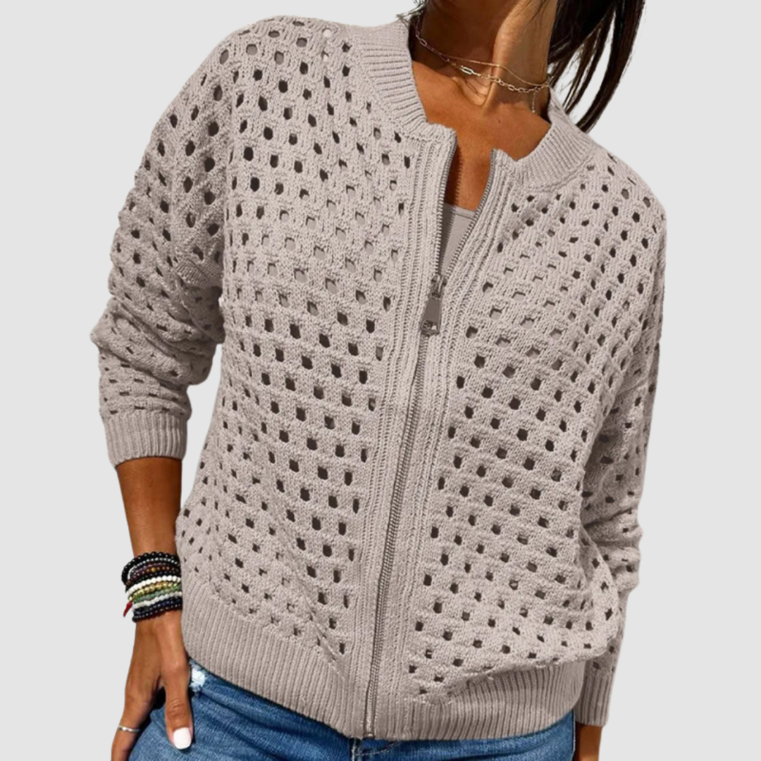 Women's Open Knit Full-Zip Knit Cardigan with Ribbed Trim – view 4